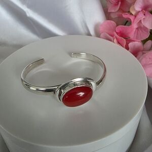 Vintage Sterling Silver 925 Red Mexico Cats Eye Cuff Bracelet